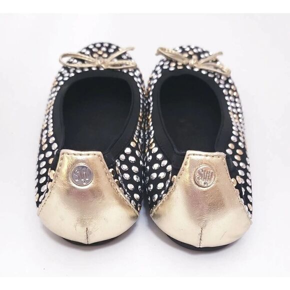 STUART WEITZMAN Women’s Silver NUBEADS STUDDED Black BALLET FLATS Size 2 Shoes - Picture 5 of 6